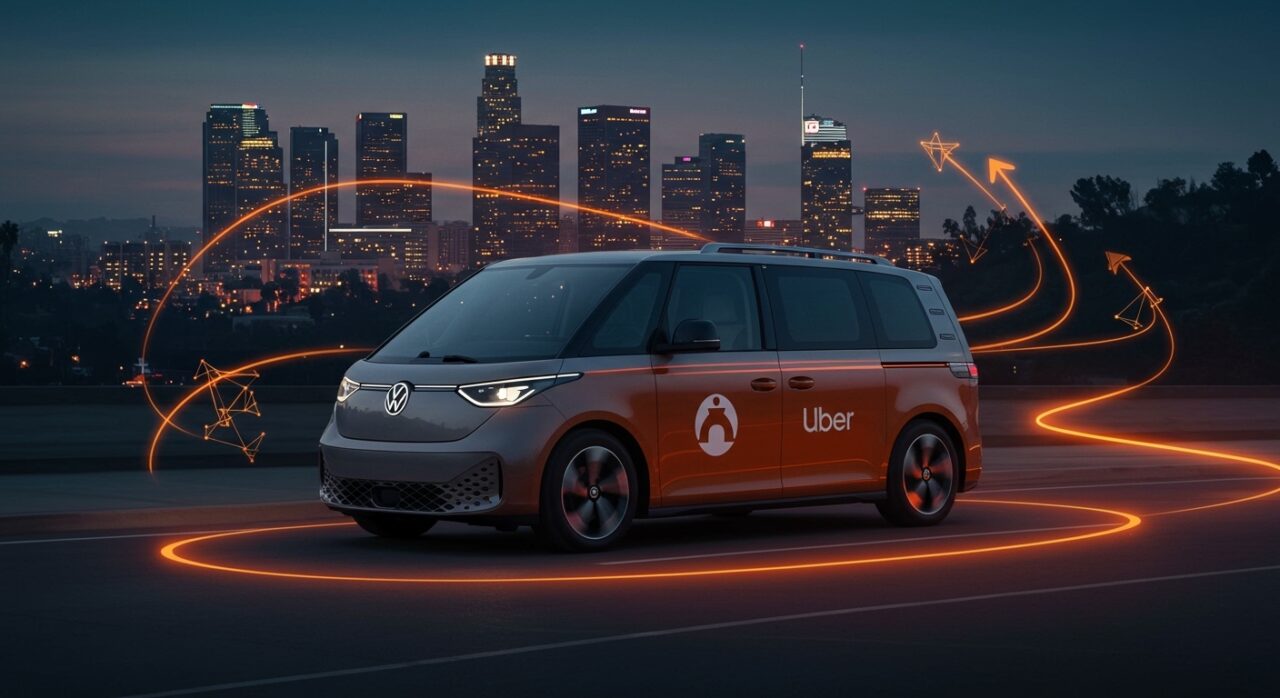 Microautobús autónomo Volkswagen ID. Buzz realizando pruebas de robotaxis en Los Ángeles con Uber, ilustrando la innovación en movilidad autónoma y transporte urbano.