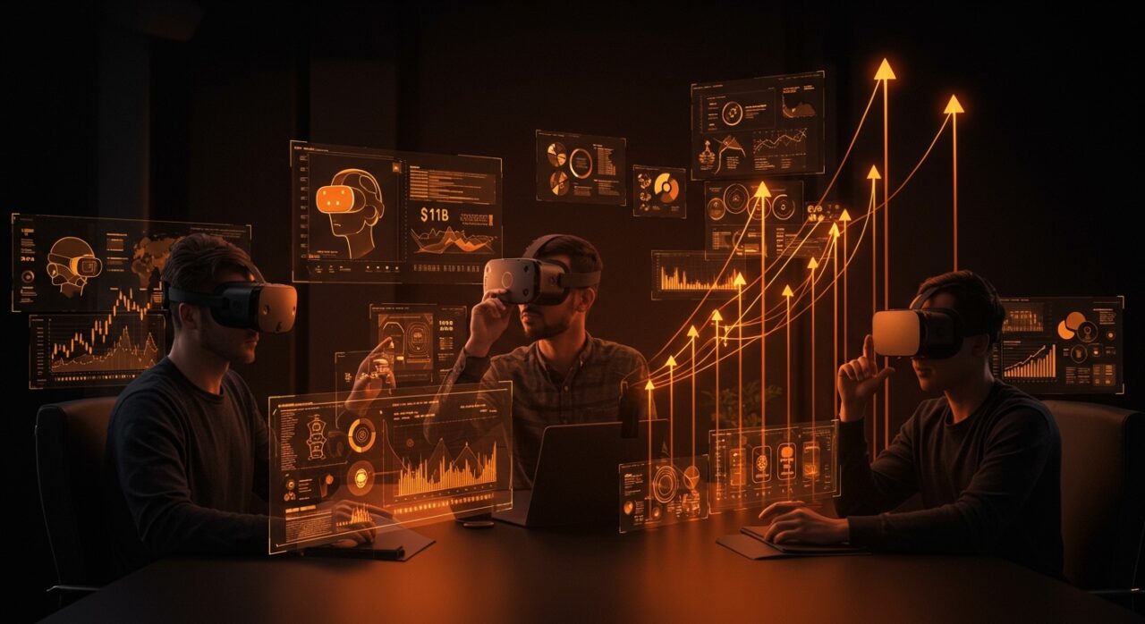 Mercado VR y AR 2026 con startups usando gafas Meta Quest 3S y Apple Vision Pro en espacio futurista de alta tecnología.
