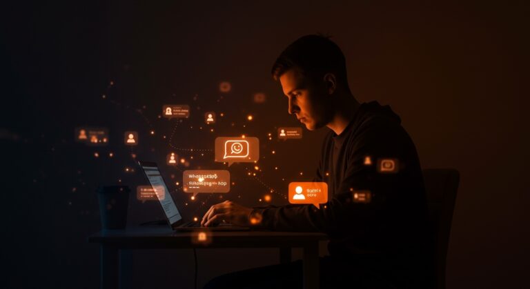 Automatización de WhatsApp desde la terminal con wacli, mostrando un fundador de startup gestionando mensajes mediante CLI con ambiente naranja y negro.