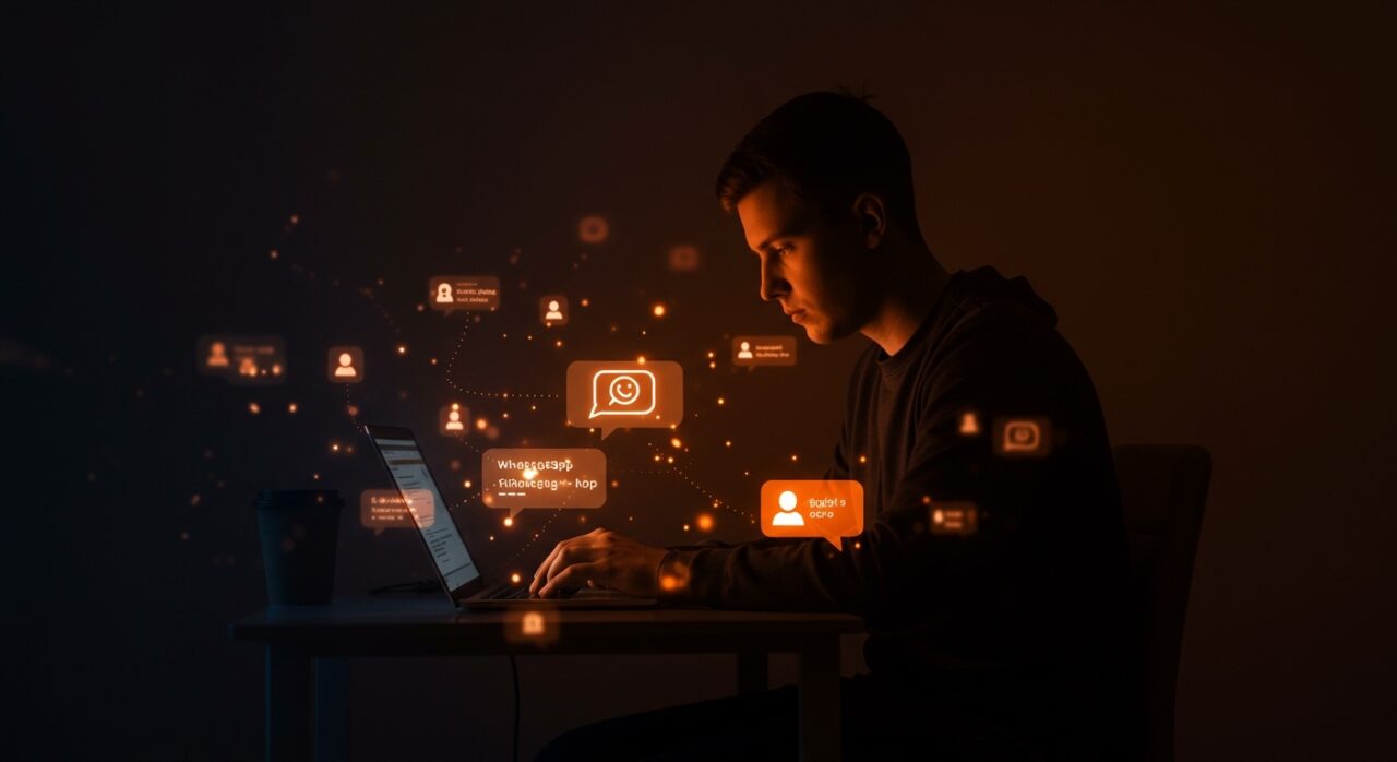 Automatización de WhatsApp desde la terminal con wacli, mostrando un fundador de startup gestionando mensajes mediante CLI con ambiente naranja y negro.