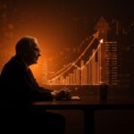 Retrato conceptual de Warren Buffett con gráficos digitales que ilustran interés compuesto y estrategia financiera ganadora en el mercado bursátil.
