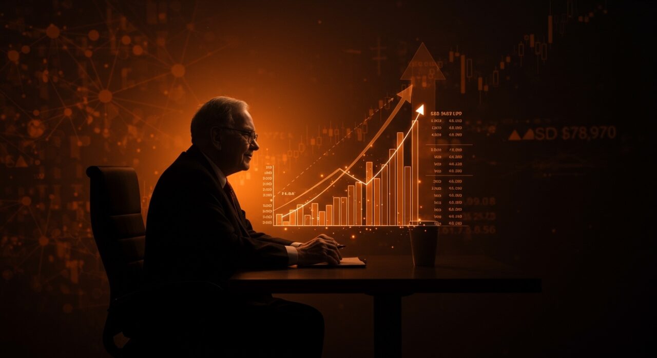 Retrato conceptual de Warren Buffett con gráficos digitales que ilustran interés compuesto y estrategia financiera ganadora en el mercado bursátil.
