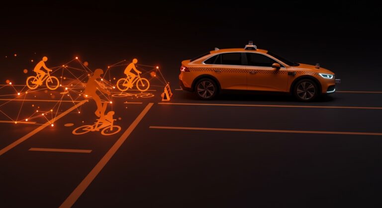 Waymo taxi autónomo transitando junto a un carril bici con ciclistas, ilustrando desafíos regulatorios en movilidad urbana para startups.