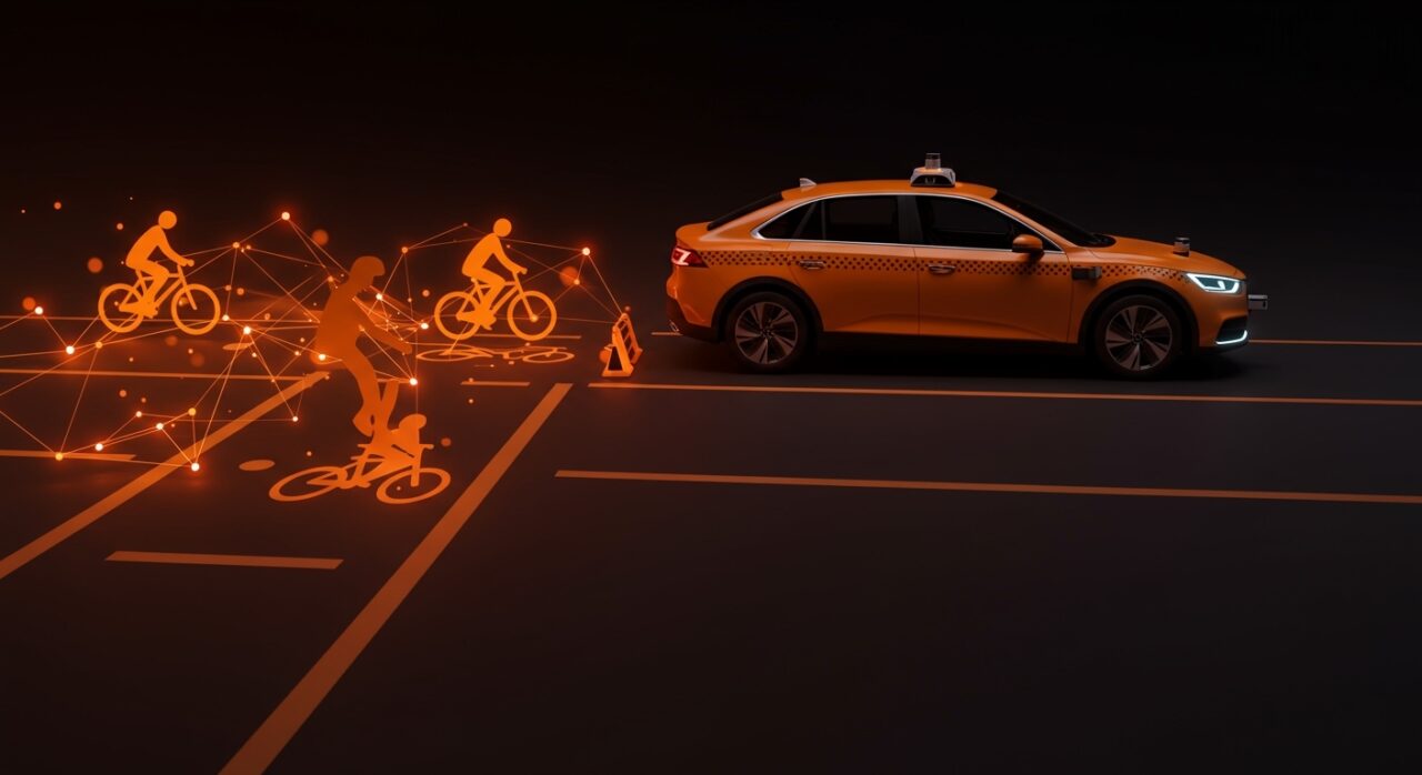 Waymo taxi autónomo transitando junto a un carril bici con ciclistas, ilustrando desafíos regulatorios en movilidad urbana para startups.