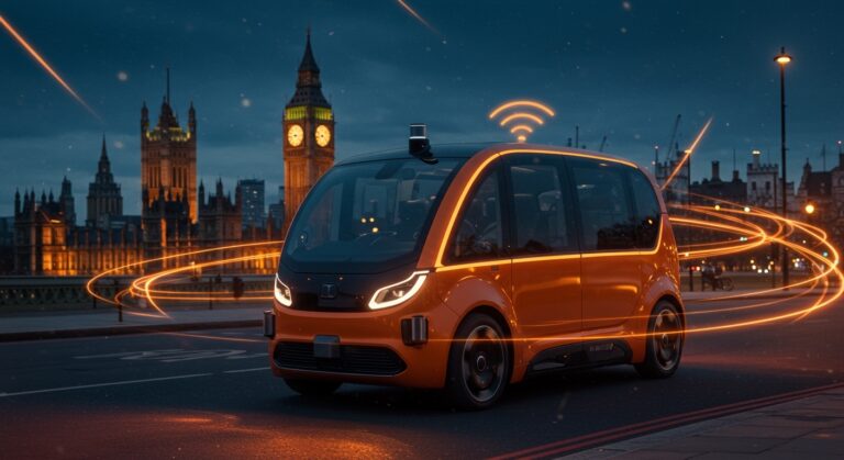 Robotaxi autónomo Waymo circulando por las calles de Londres representando la movilidad autónoma en Europa y el futuro del transporte autónomo.