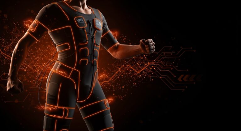 Persona entrenando con electroestimulación muscular WB-EMS, destacando tecnología deportiva y tendencias del fitness 2025.