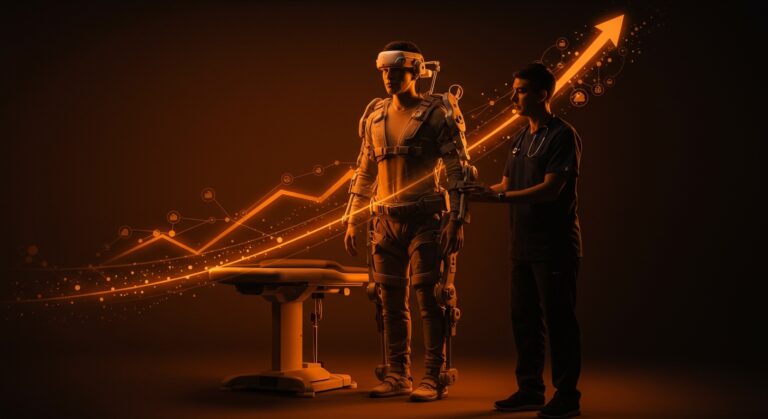 Paciente con exoesqueleto médico en rehabilitación asistida, simbolizando la expansión y financiación de tecnología wearable en robótica médica.