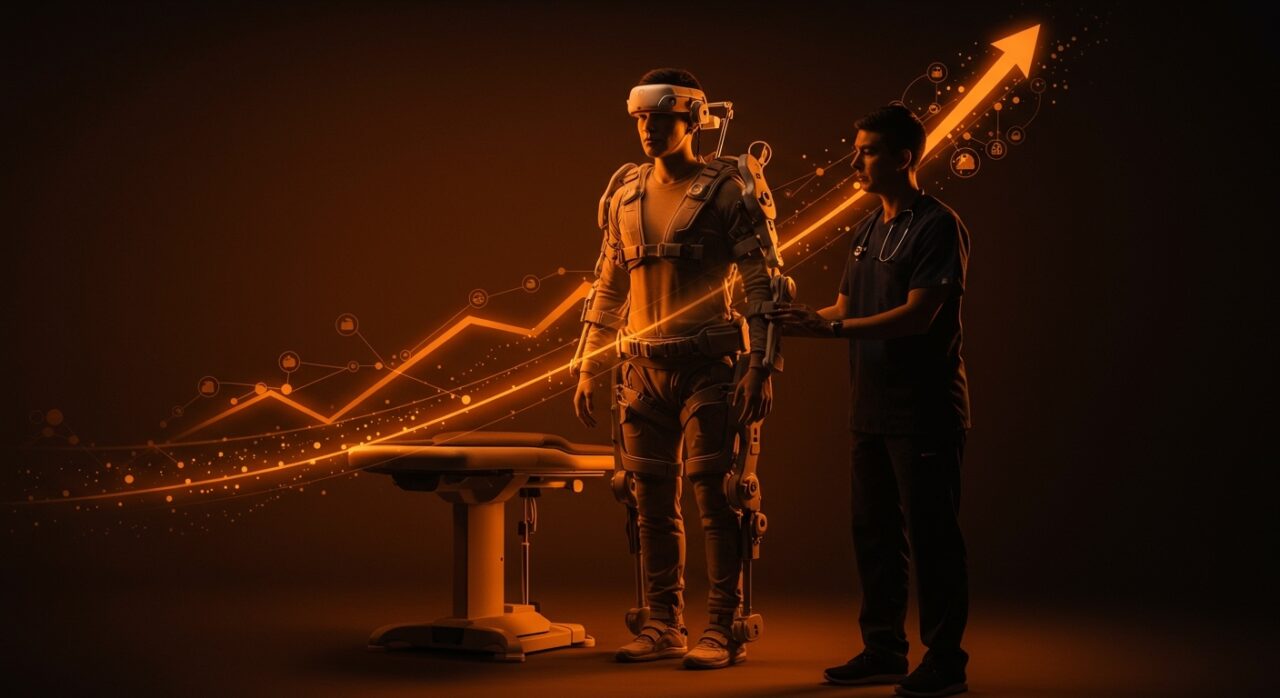 Paciente con exoesqueleto médico en rehabilitación asistida, simbolizando la expansión y financiación de tecnología wearable en robótica médica.