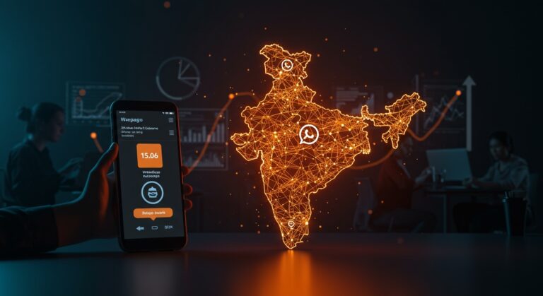 Interfaz de recargas prepago en WhatsApp India con 535 millones de usuarios y emprendedores fintech en mercados emergentes.