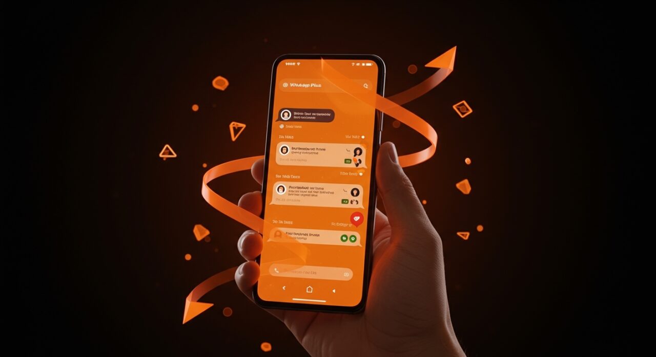 Interfaz premium de WhatsApp Plus con personalización y chats fijados, destacando la suscripción de Meta y tendencias de monetización en apps de mensajería.