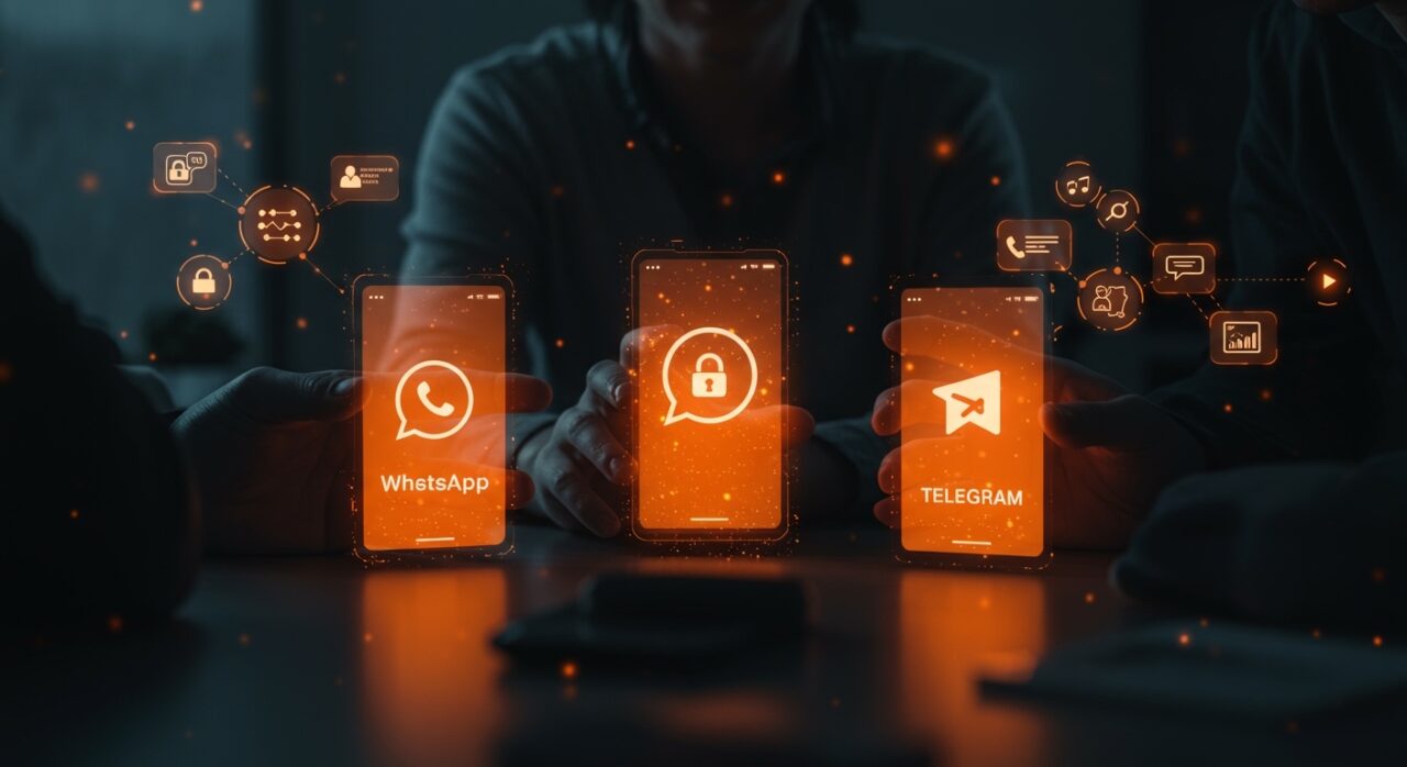 Comparativa de seguridad y privacidad digital entre WhatsApp, Signal y Telegram para startups en 2026 mostrando apps de mensajería seguras.