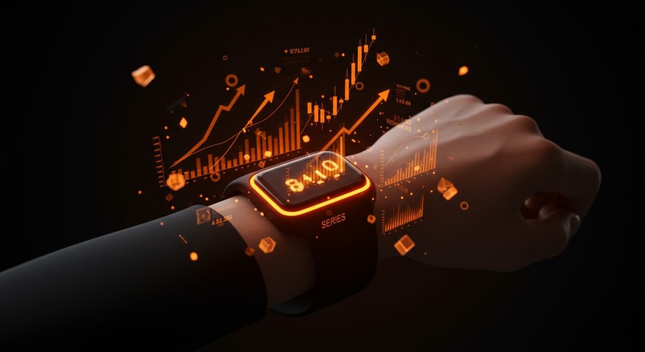 Dispositivo health wearable iluminado en tonos naranja y negro simbolizando funding de $575M y valoración para IPO en startup tecnológica.