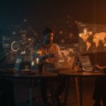 Fundadores fintech colaborando en Córdoba con interfaces digitales, representando la ronda seed de Wibond y expansión FaaS en Latinoamérica.