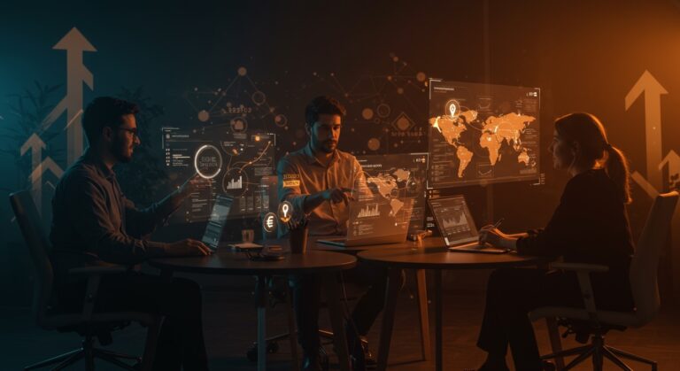 Fundadores fintech colaborando en Córdoba con interfaces digitales, representando la ronda seed de Wibond y expansión FaaS en Latinoamérica.