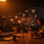 Equipo de startup trabajando con tecnología WiFi 6E para optimizar redes y aumentar productividad remota en un ambiente moderno y tecnológico.