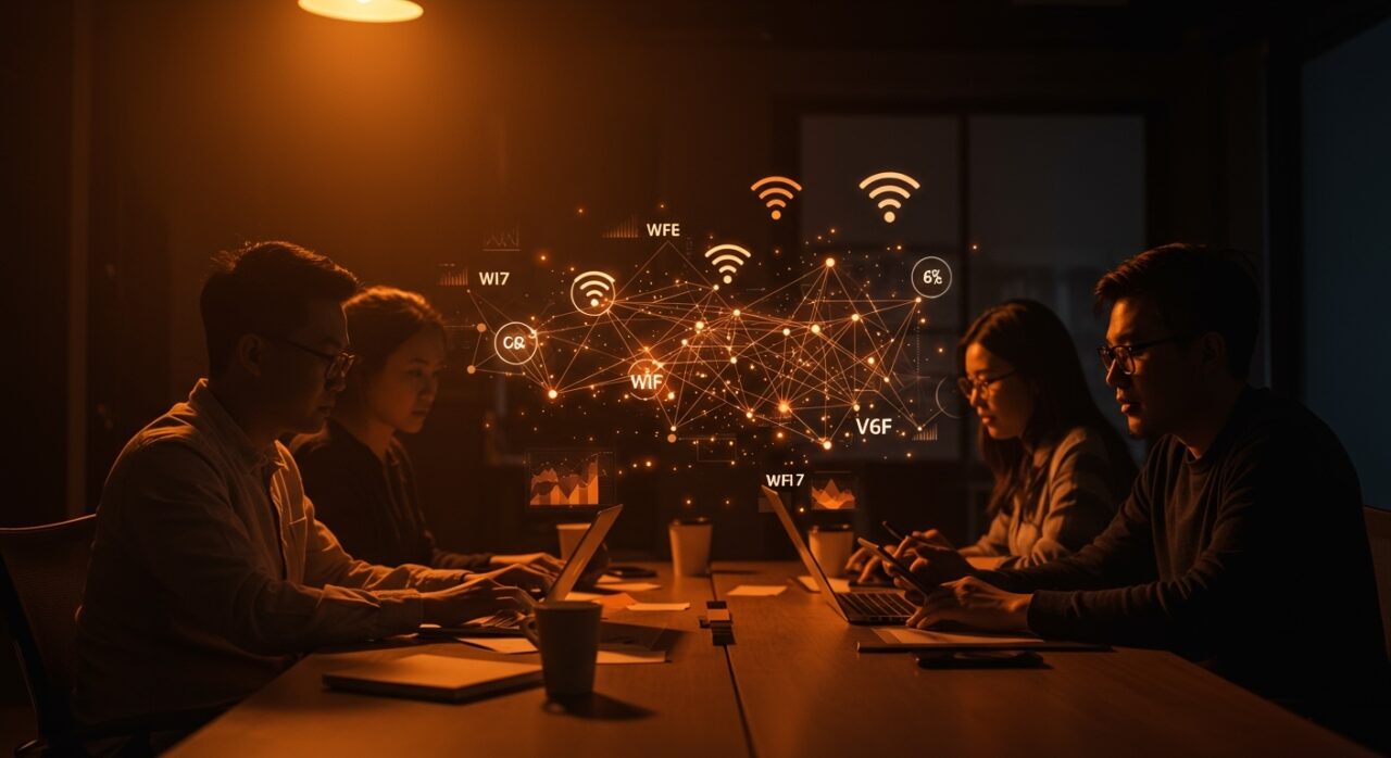 Equipo de startup trabajando con tecnología WiFi 6E para optimizar redes y aumentar productividad remota en un ambiente moderno y tecnológico.