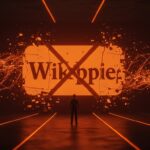 Figura de fundador frente a logo de Wikipedia bloqueado por barreras digitales, simbolizando la prohibición del contenido generado por IA y sus implicaciones en startups tecnológicas.