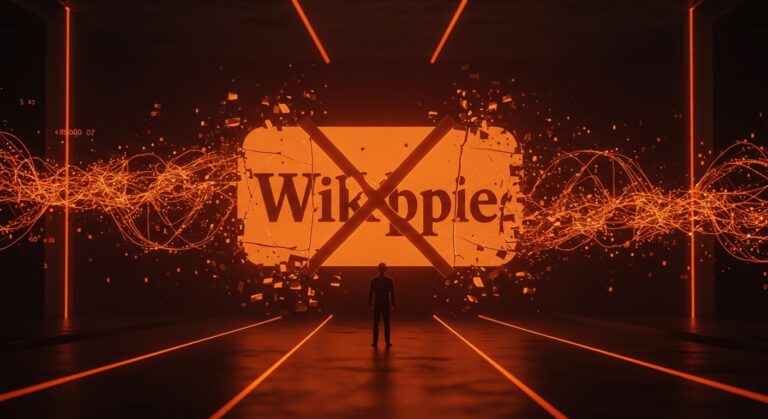 Figura de fundador frente a logo de Wikipedia bloqueado por barreras digitales, simbolizando la prohibición del contenido generado por IA y sus implicaciones en startups tecnológicas.