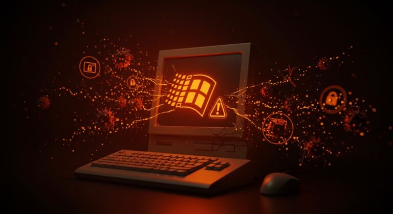 Windows XP sin protección infectado rápidamente con malware ilustrando vulnerabilidad de seguridad en startups y sistemas obsoletos.