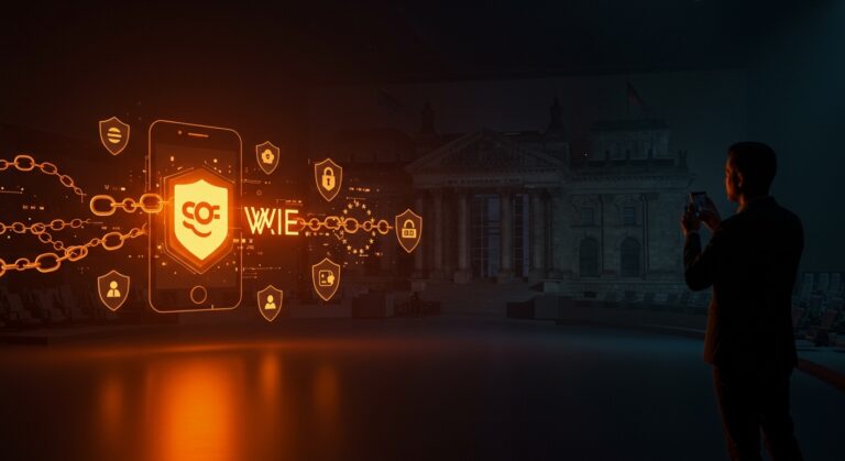 Representación visual del cambio de Signal a Wire en el Bundestag alemán, simbolizando mensajería segura y soberanía digital para startups B2B en Europa.