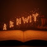 Pronombres ingleses medievales wit, unker y git representados como runas luminosas sobre manuscritos antiguos en un contexto de evolución lingüística histórica.