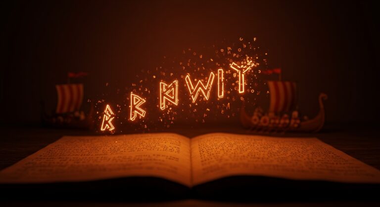 Pronombres ingleses medievales wit, unker y git representados como runas luminosas sobre manuscritos antiguos en un contexto de evolución lingüística histórica.