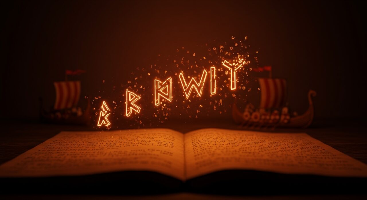 Pronombres ingleses medievales wit, unker y git representados como runas luminosas sobre manuscritos antiguos en un contexto de evolución lingüística histórica.