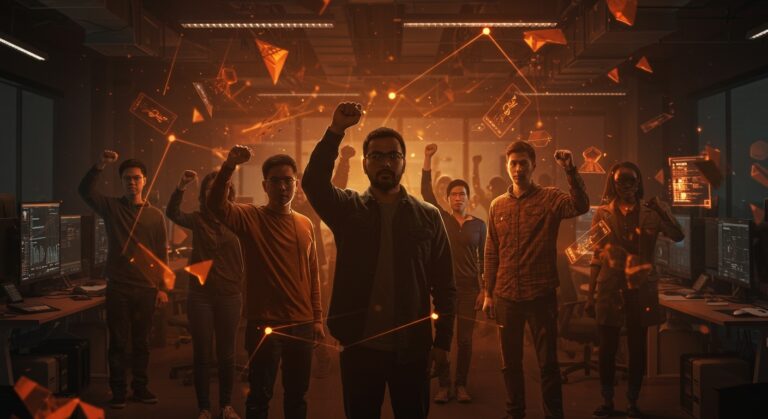 Trabajadores tech de Wizards of the Coast formando un sindicato con símbolos de unión y la industria gaming en un ambiente naranja y negro.