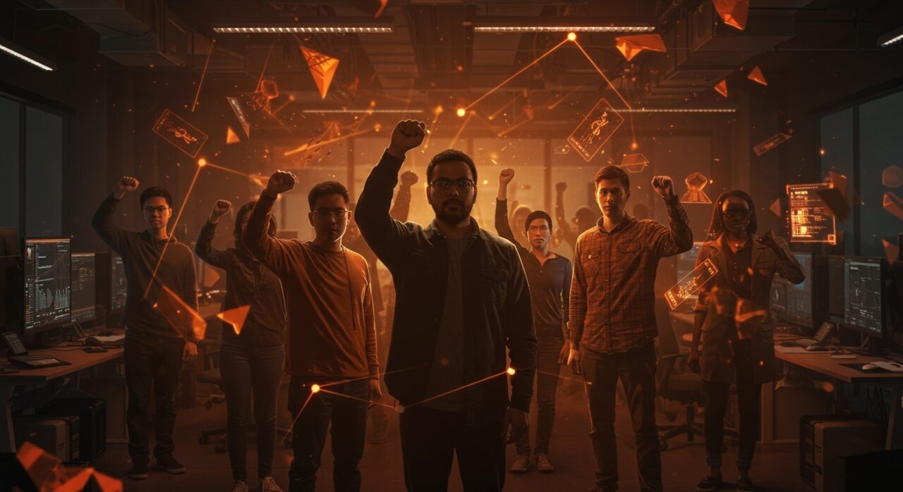 Trabajadores tech de Wizards of the Coast formando un sindicato con símbolos de unión y la industria gaming en un ambiente naranja y negro.