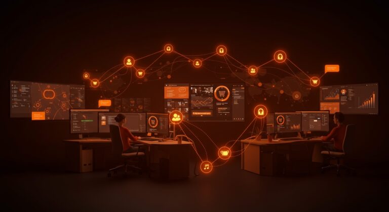 Interfaz de chatbot de inteligencia artificial colombiana para ecommerce, destacando la automatización y crecimiento en 8,000 marcas internacionales.