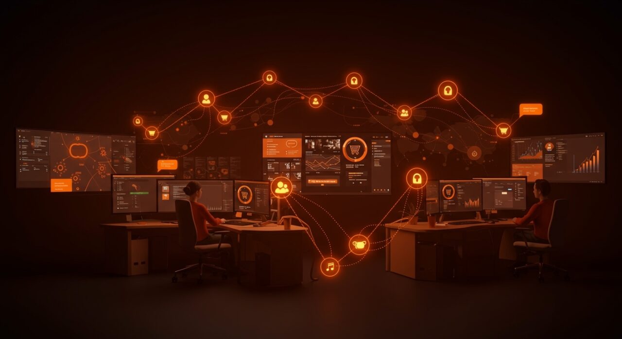 Interfaz de chatbot de inteligencia artificial colombiana para ecommerce, destacando la automatización y crecimiento en 8,000 marcas internacionales.