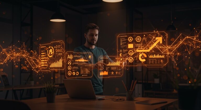 Founder interactuando con interfaces de IA que automatizan el onboarding y aceleran procesos operativos en startups LATAM.