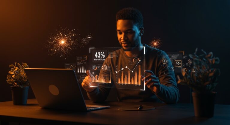 Fundador tecnológico frente a interfaz holográfica mostrando liderazgo de WordPress y agentes IA en el mercado web 2026.