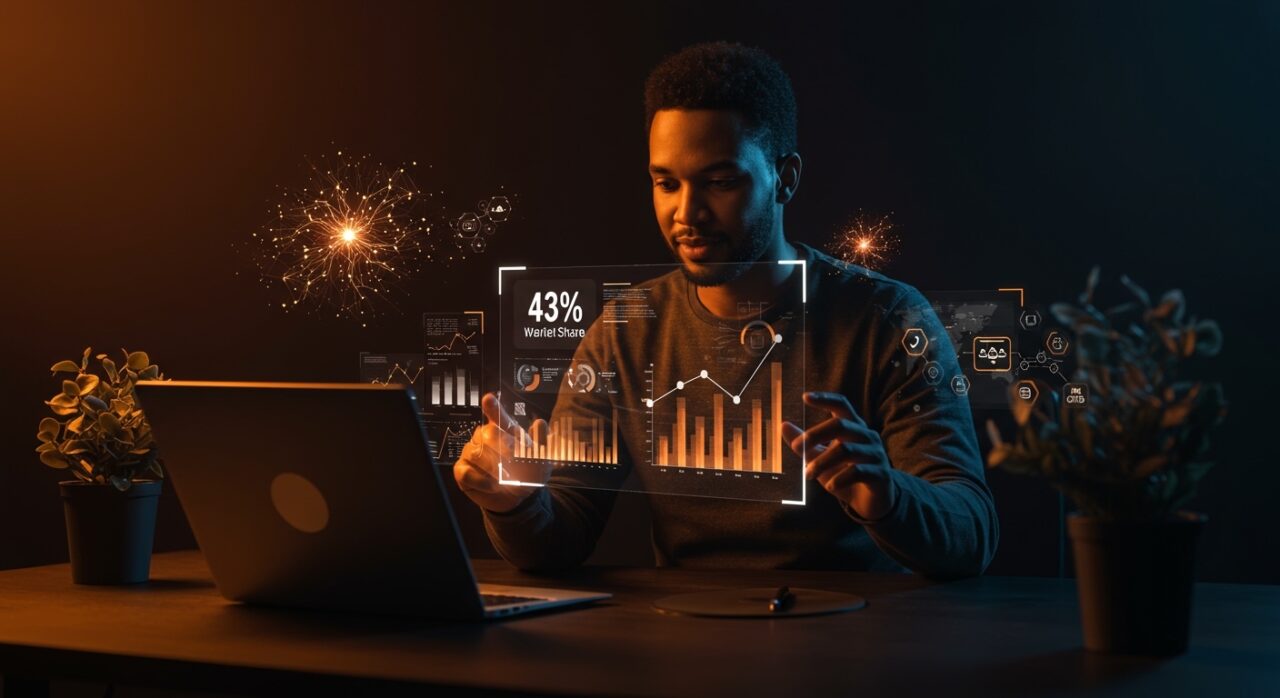 Fundador tecnológico frente a interfaz holográfica mostrando liderazgo de WordPress y agentes IA en el mercado web 2026.