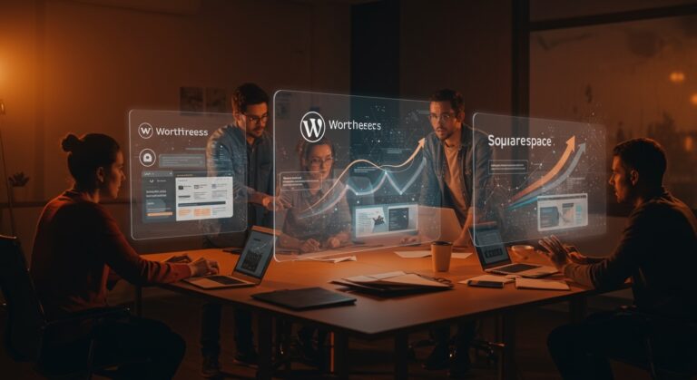 Comparativa visual de WordPress, Wix y Squarespace para crear webs sin programar, ideal para founders y startups en 2026.