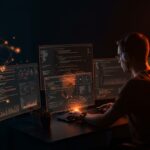 Workflow de desarrollo con IA mostrando un developer utilizando IA asistida para coding eficiente y controlado en un entorno startup tecnológico con paleta naranja y negro.