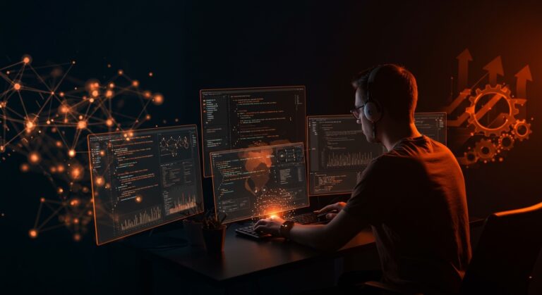 Workflow de desarrollo con IA mostrando un developer utilizando IA asistida para coding eficiente y controlado en un entorno startup tecnológico con paleta naranja y negro.
