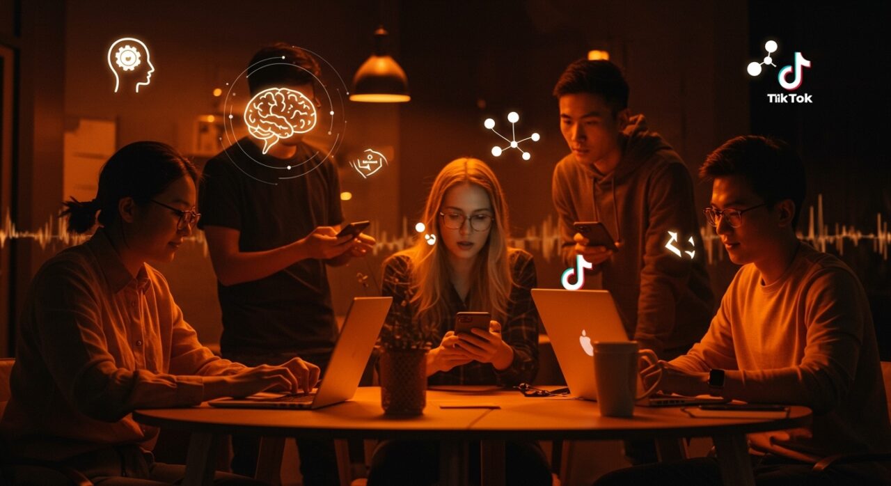 Jóvenes de la generación Z colaborando en tendencias laborales y salud mental en WorkTok con estética minimalista en tonos naranja y negro.