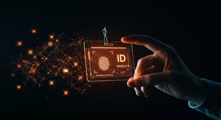 Close-up de World ID con verificación biométrica destacada en tonos naranja y negro, representando la privacidad de datos y alianzas tecnológicas en startups como Tinder.
