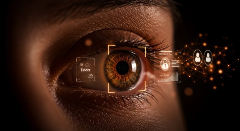 Verificación biométrica con World ID en Tinder y Zoom mostrando escaneo iris y seguridad digital innovadora en 160 países.