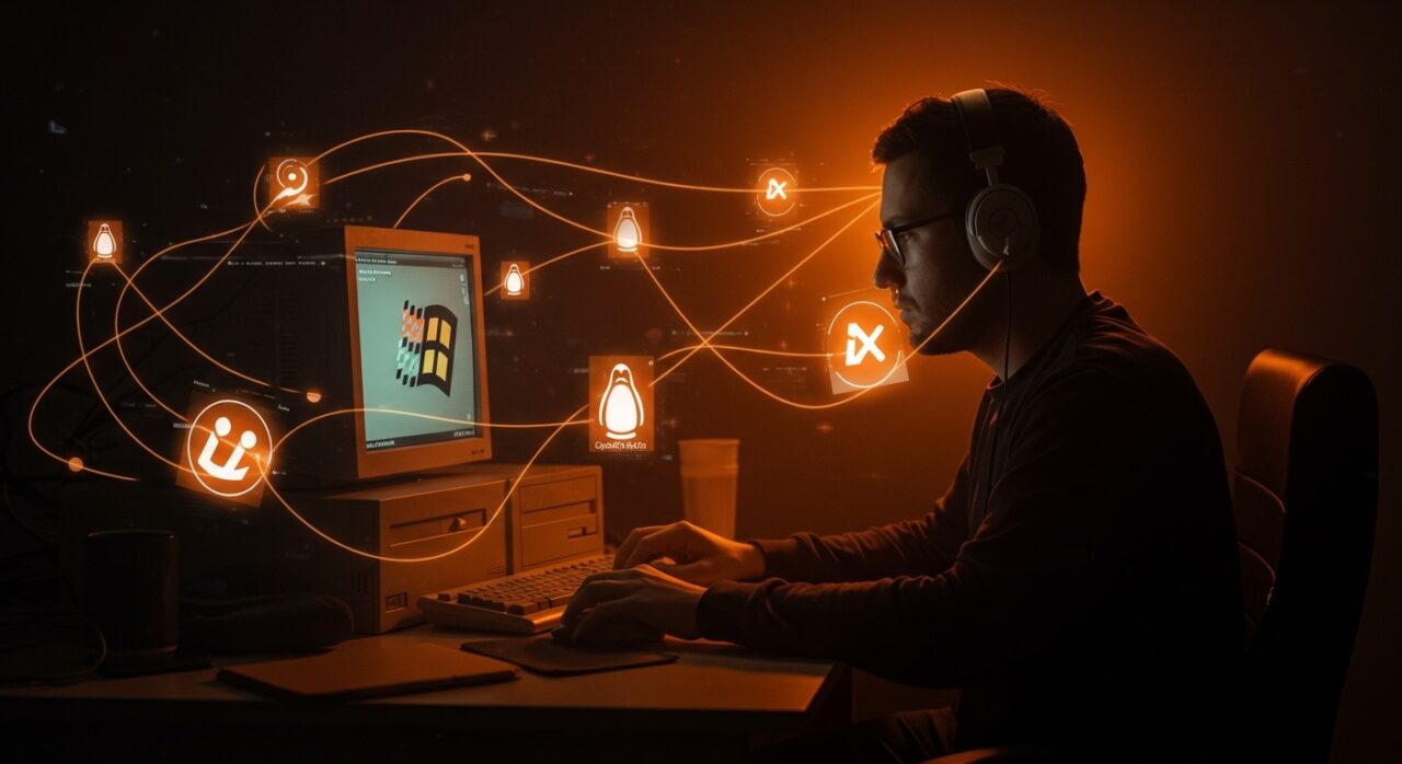 Desarrollador integrando Linux en Windows 9x con enfoque en interoperabilidad y tecnología retro para oportunidades de mercado startups.