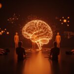 Representación visual de agentes IA autónomos colaborando con un cerebro compartido para automatización en startups, usando la paleta naranja y negro de Ecosistema Startup.