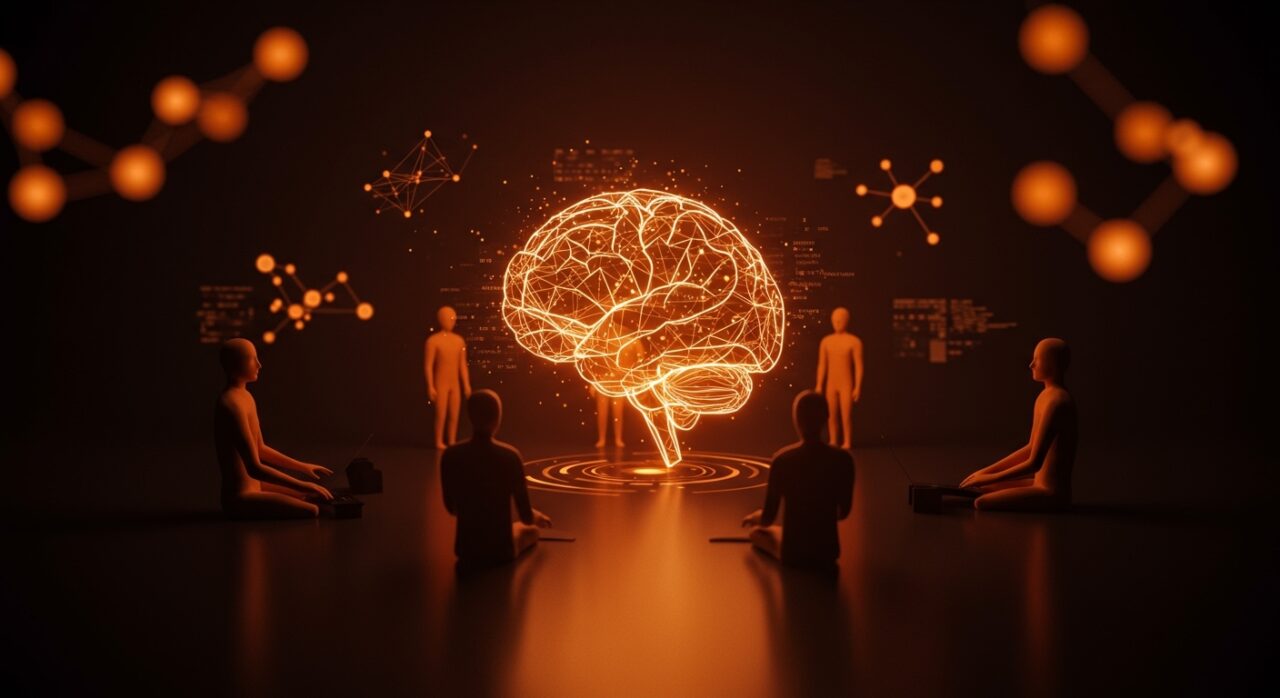 Representación visual de agentes IA autónomos colaborando con un cerebro compartido para automatización en startups, usando la paleta naranja y negro de Ecosistema Startup.