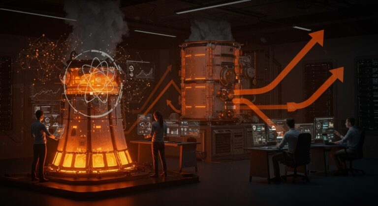 Startup X-energy presentando innovadora tecnología nuclear modular respaldada por Amazon e inteligencia artificial en una sala futurista.