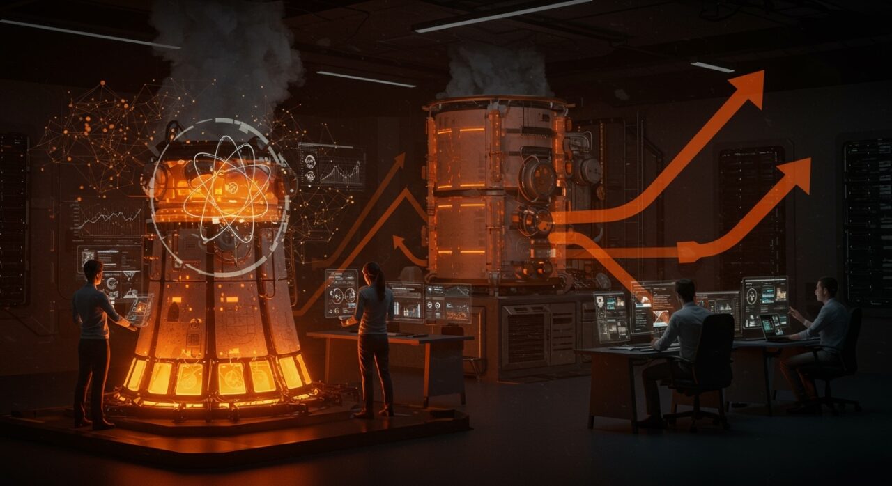 Startup X-energy presentando innovadora tecnología nuclear modular respaldada por Amazon e inteligencia artificial en una sala futurista.