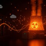 Reactor nuclear modular iluminado en naranja junto a un centro de datos futurista, simbolizando la inversión de Amazon en tecnología nuclear para IA y cloud.