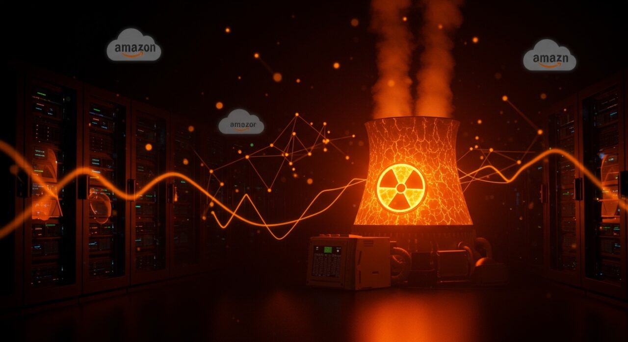 Reactor nuclear modular iluminado en naranja junto a un centro de datos futurista, simbolizando la inversión de Amazon en tecnología nuclear para IA y cloud.