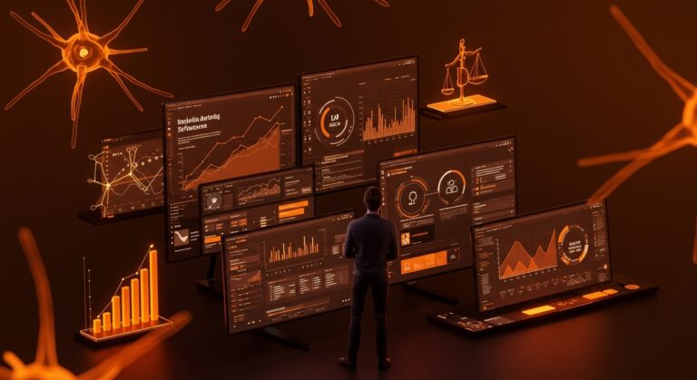 Fundador utilizando plataforma de anuncios con IA en interfaz digital avanzada, representando monetización y marketing digital para startups 2026.