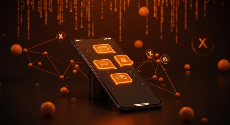 Interfaz de app de mensajería privada segura en iOS con cifrado extremo y conexiones digitales integradas, destacando privacidad y crecimiento en ecosistema startup.