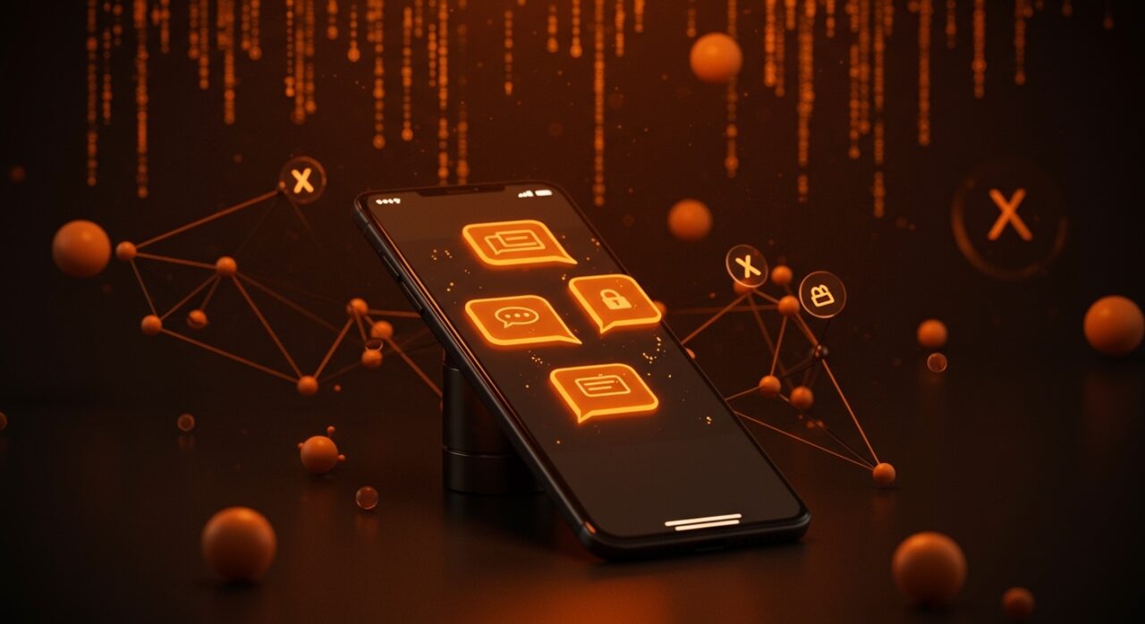 Interfaz de app de mensajería privada segura en iOS con cifrado extremo y conexiones digitales integradas, destacando privacidad y crecimiento en ecosistema startup.